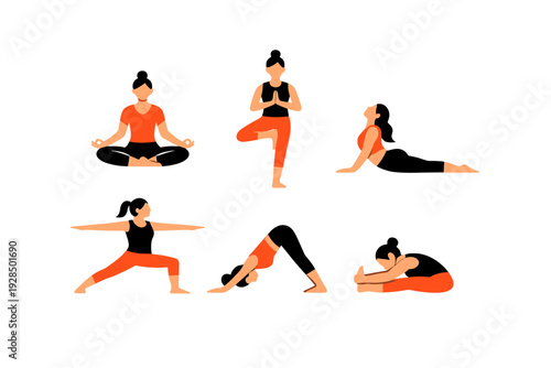 This flat vector illustration features six different yoga poses performed by figures in orange and black attire, including meditation, tree pose, and warrior pose on a black background.