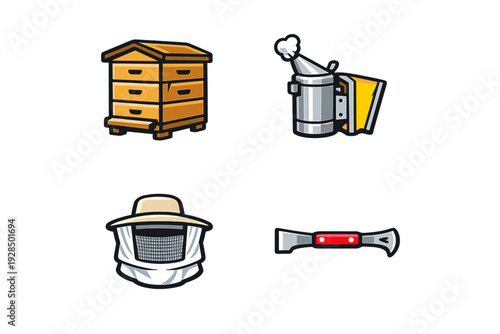 A set of four beekeeping icons including a wooden beehive, a metal smoker with white smoke, a protective hat with a mesh veil, and a red hive tool, all isolated on a black background.