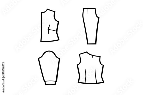 This minimalist line drawing displays four essential sewing pattern components: a front bodice, a back bodice, a sleeve, and a pant leg, all rendered in black on white.