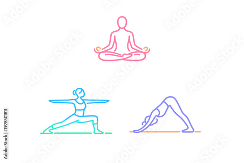 Three neon line art figures performing different yoga poses against a black background. The poses include meditation, warrior two, and downward-facing dog in vibrant glowing colors.