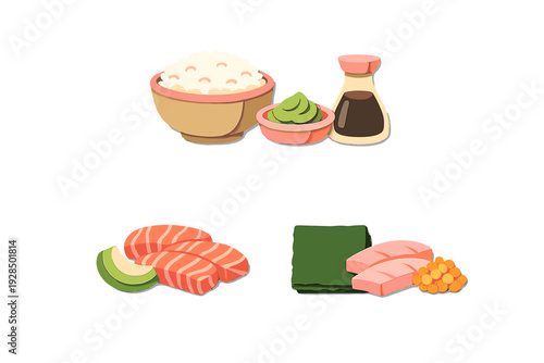 An illustration of various sushi ingredients including a bowl of rice, soy sauce, wasabi, salmon slices, avocado, nori seaweed, tuna, and fish roe isolated on a black background.