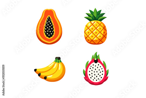 A collection of four vibrant tropical fruit illustrations including a halved papaya, a whole pineapple, a bunch of bananas, and a halved dragon fruit on a black background.