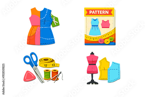 This set of four vibrant illustrations depicts various dressmaking elements including a mannequin, sewing patterns, scissors, measuring tape, and thread for fashion design.