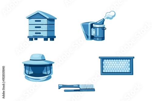 This set of blue vector icons features essential beekeeping equipment such as a wooden beehive, a smoker, a protective veil hat, a honeycomb frame, and a specialized bee brush.