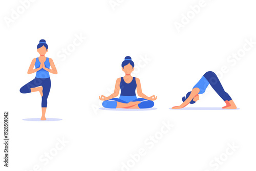 This flat vector illustration shows a woman in three yoga positions including tree pose, lotus pose, and downward-facing dog, emphasizing fitness and wellness on a black background.