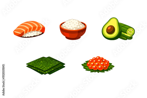 This illustration features various sushi components like salmon nigiri, white rice in a bowl, avocado, cucumber, nori sheets, and fish roe isolated on a black background.