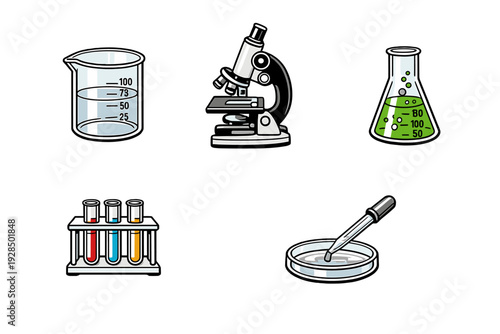 A set of laboratory equipment icons including a microscope, beaker, conical flask, test tubes in a rack, and a petri dish with a pipette, on a black background.