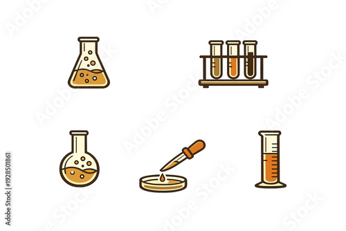 A collection of five stylized laboratory equipment icons including flasks, test tubes, a petri dish with a dropper, and a graduated cylinder, all set against a black background.