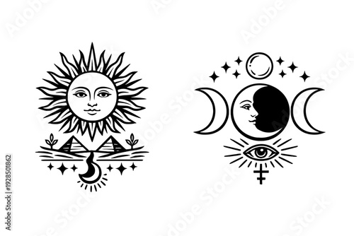 A collection of celestial symbols including a sun with a face and a triple moon goddess emblem with an eye and stars, presented in a white line art style on black.