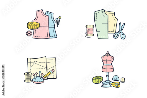 A collection of four sewing and tailoring illustrations featuring dress patterns, mannequins, scissors, measuring tapes, thread spools, and pincushions in a flat vector style.