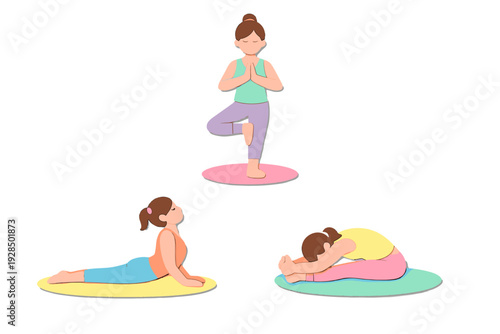 Three illustrations of a woman practicing different yoga poses including tree pose, cobra pose, and seated forward fold on colorful mats. The style is a flat vector with subtle shadows.