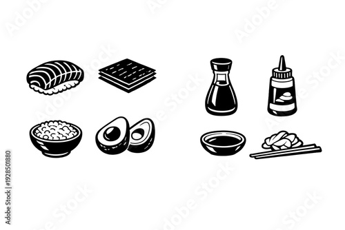 This set of minimalist black and white icons features various sushi elements such as nigiri, rice, avocado, soy sauce, and ginger with chopsticks on a dark background.