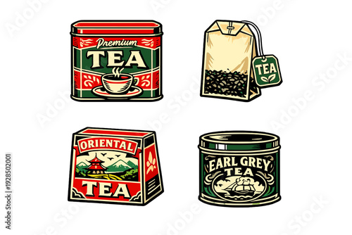 A collection of four vintage-style tea packaging illustrations featuring a premium tea tin, a tea bag with loose leaves, an oriental tea box, and an Earl Grey tea canister on a black background.