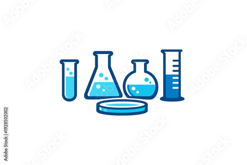 A collection of blue laboratory glassware icons including a test tube, flasks, and a graduated cylinder, presented in a flat vector style against a solid black background.