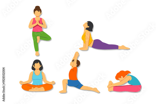 A collection of five stylized figures performing different yoga asanas, including tree pose and cobra pose. The illustrations feature a paper-cut effect against a black background.