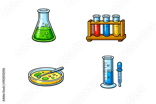 A collection of colorful laboratory equipment illustrations including a conical flask, test tubes in a rack, a petri dish with cultures, and a graduated cylinder with a dropper.
