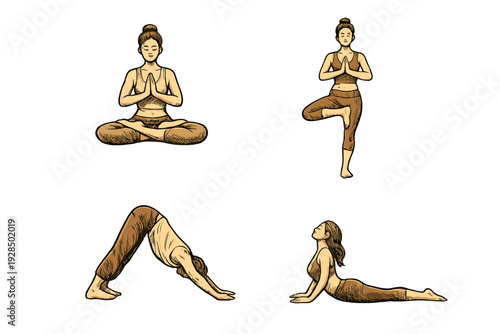 A set of four hand-drawn illustrations showing a woman performing various yoga poses including lotus, tree, downward dog, and cobra against a black background in a sepia sketch style.