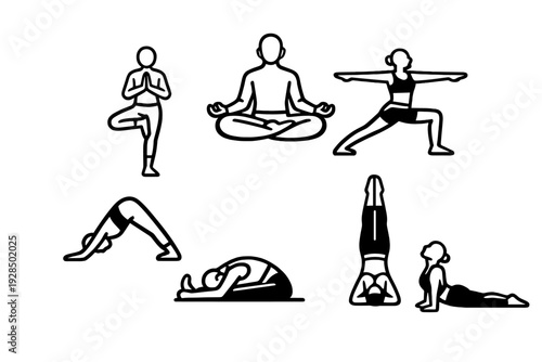 This set of white minimalist icons features several yoga positions like the lotus, tree, and warrior poses. The simple graphic design is presented on a solid black background.
