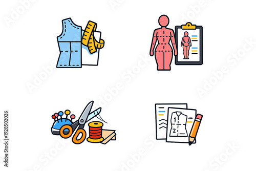 A set of four colorful icons representing tailoring and dressmaking, featuring a sewing pattern with measuring tape, body measurements, sewing tools, and design sketches with a pencil.