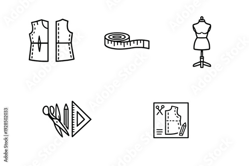 A collection of black and white line art icons representing tailoring and dressmaking tools, including a mannequin, measuring tape, sewing patterns, scissors, and a ruler.