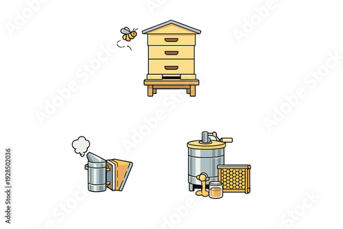 A collection of beekeeping equipment illustrations including a yellow beehive with a bee, a metal smoker, a honey extractor, a honeycomb frame, and a jar of honey on a black background.