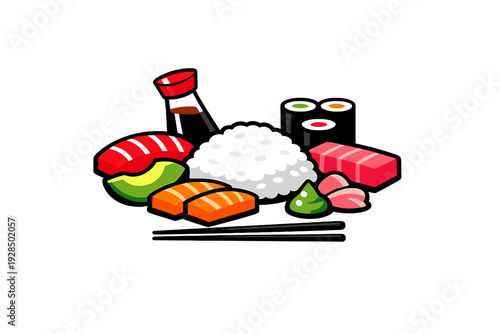 A colorful cartoon illustration of a sushi platter featuring nigiri, maki rolls, wasabi, ginger, and soy sauce on a black background. It includes chopsticks and fresh ingredients.