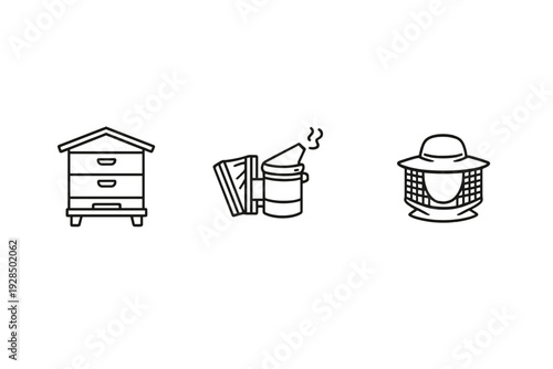 A set of three black line icons representing beekeeping equipment, including a wooden beehive, a metal bee smoker with bellows, and a protective hat with a mesh veil for safety.