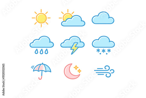 A set of nine colorful weather icons featuring a sun, clouds, raindrops, lightning, snowflakes, an umbrella, a moon with stars, and wind symbols in a simple flat graphic style.