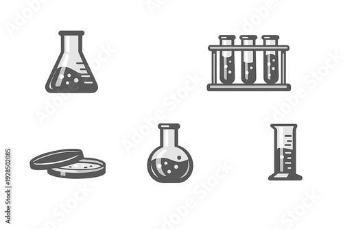 A collection of five grayscale laboratory glassware icons including an Erlenmeyer flask, test tubes in a rack, a petri dish, a round-bottom flask, and a graduated cylinder on a black background.