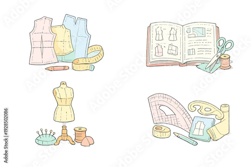 Four watercolor-style illustrations showing dressmaking equipment including patterns, a dress form, scissors, thread, and measuring tools on a black background for fashion design.