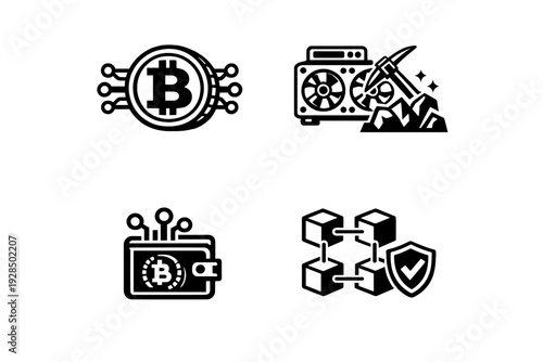 A set of four white icons on a black background representing cryptocurrency concepts including mining with a graphics card, blockchain security, and digital currency hardware.
