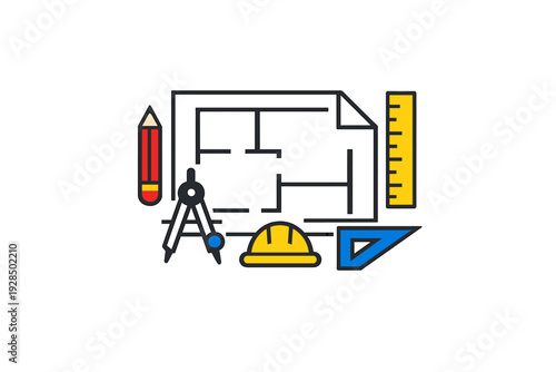 A flat vector illustration featuring architectural tools including a blueprint, pencil, ruler, compass, hard hat, and set square against a black background.