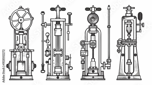 Four mechanical illustrations of old industrial machines with various levers, dials, and wheels
