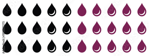 Water drop shape icon set, water or rain drop symbols, blood or oil drop, plumbing and liquid logo concept, flat style outline vector illustration collection, modern environmental and utility design