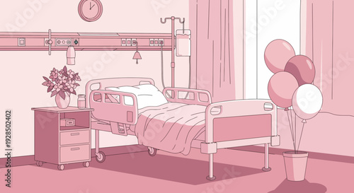 Aesthetic Hospital Room Illustration With Balloons and Bedside Table Depicting Care
