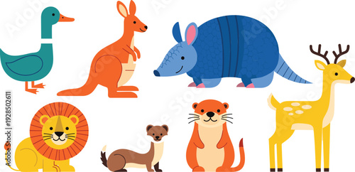 Cute wild animal collection with lion kangaroo armadillo deer otter duck and ferret vector illustration set