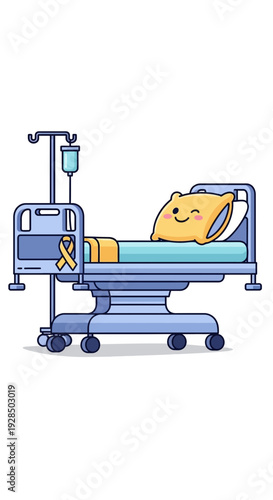 Animated Patient Bed Depicting Medical Care with Cute Pillows and Awareness Ribbon Symbolism