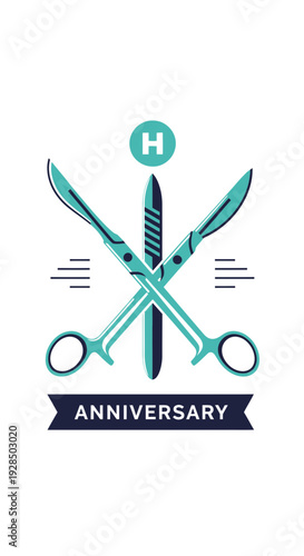 Anniversary Celebration Logo Featuring Surgical Tools, Minimalist Emblem, Modern Design Elements
