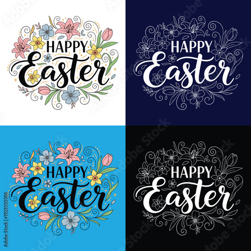 Happy Easter Floral Typography Illustration Set on Various Backgrounds