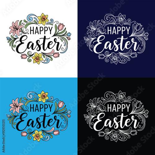 Happy Easter Floral Typography Illustration Set on Various Backgrounds