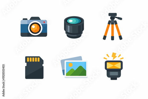 Photography equipment icons: camera, lens, tripod, sd card, flash