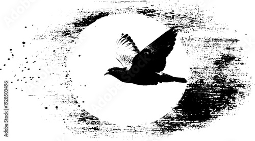 High contrast bird silhouette in abstract cracked circle design for art prints