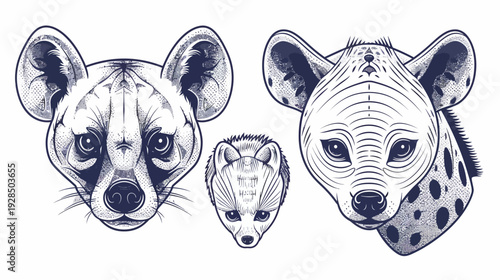 Graphic artwork featuring three stylized hyena portraits, with intricate line work and textured shading