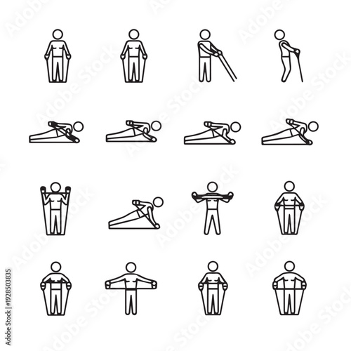 Physical Therapy Exercises Icon SetLine Art Stick Figures Performing Stretches