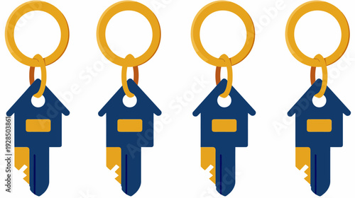 Four stylized keys with gold keyrings and dark blue, house-shaped key heads