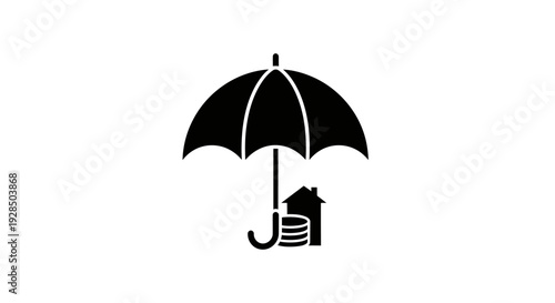 Simple Umbrella Icon with House and Rain, Vector Illustration
