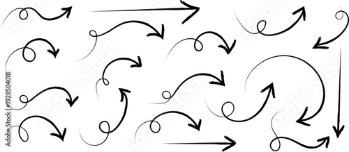 A complex arrangement of arrows on a white background with various directions and shapes