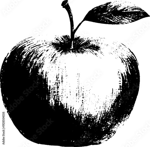 Abstract high contrast apple with stem and leaf in stencil style - vintage illustration for design