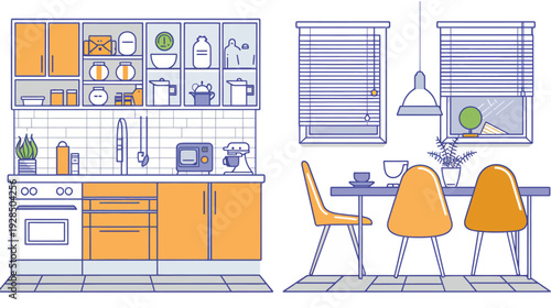 Modern kitchen interior with appliances and dining area in a two-dimensional illustration style