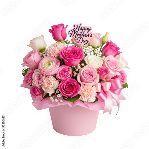 A bouquet of pink and white flowers in a pink vase isolated on transparent background